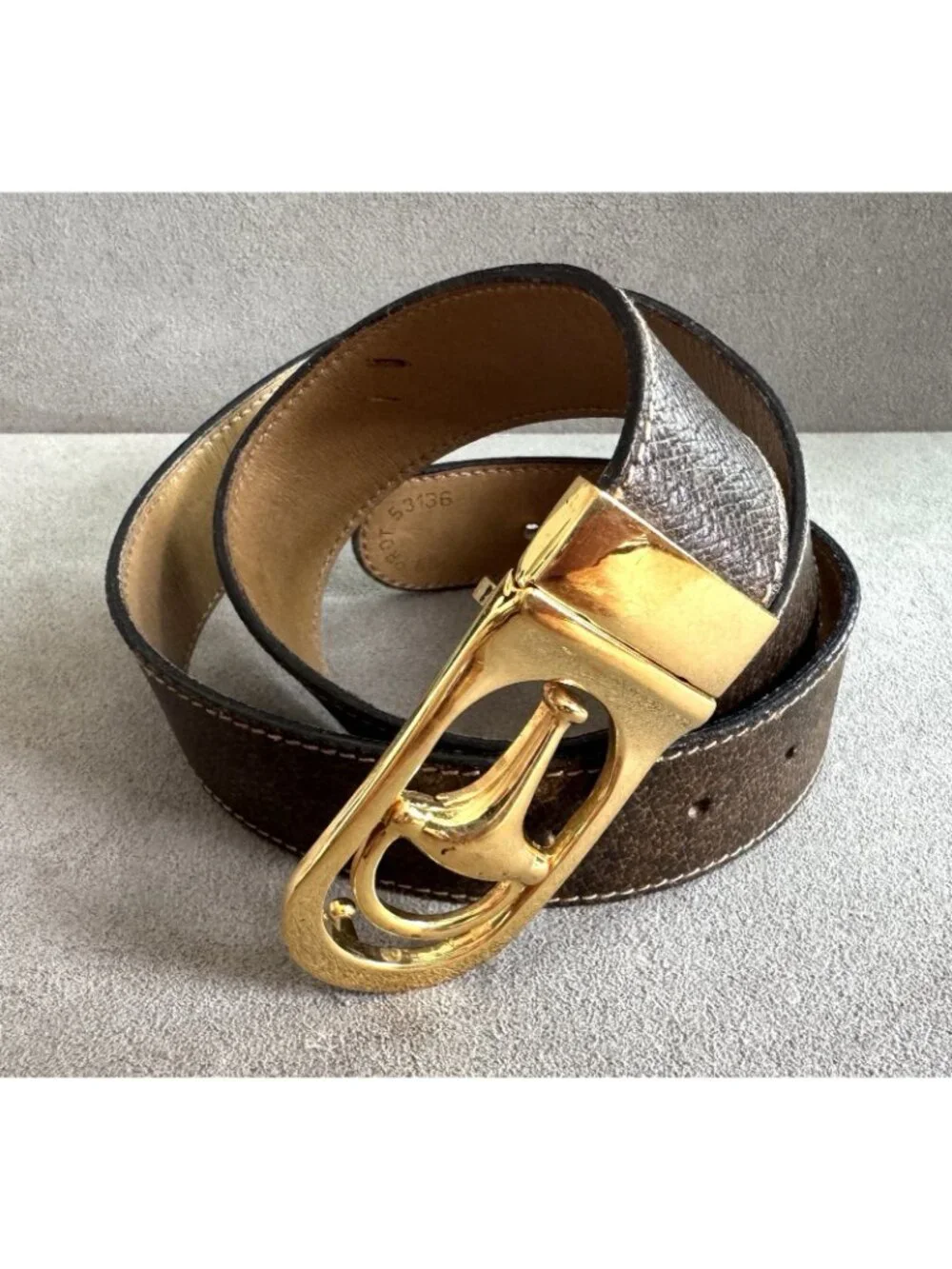 Vtg Signed GUCCI HORSEBIT BUCKLE Brown/Tan LEATHER BELT Reversible 33.5